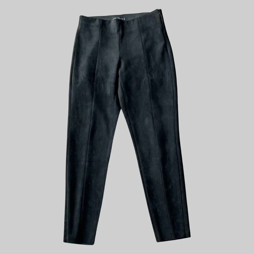 Zara Black Faux Suede Leather Zip Ankle Pants